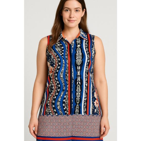 Boho Mely New York Top red/blue/black button up dress/blouse SZ M geometric - Picture 1 of 8